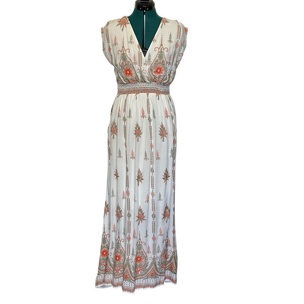 Lapogee Womens Small White Paisley Floral Smocked Waist Rayon Maxi Dress Pockets